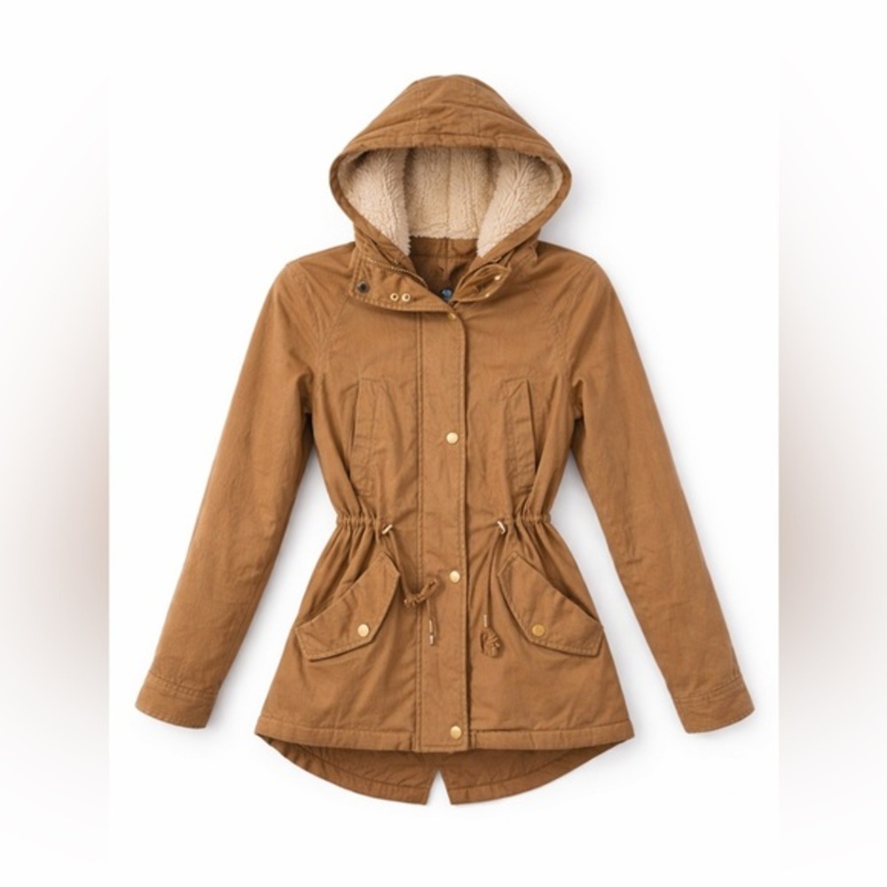 Collection B Tan Sherpa Lined Hooded Utility Anorak Jacket Coat Size XS
